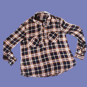 Navy and Yellow Half Button Plaid Blouse